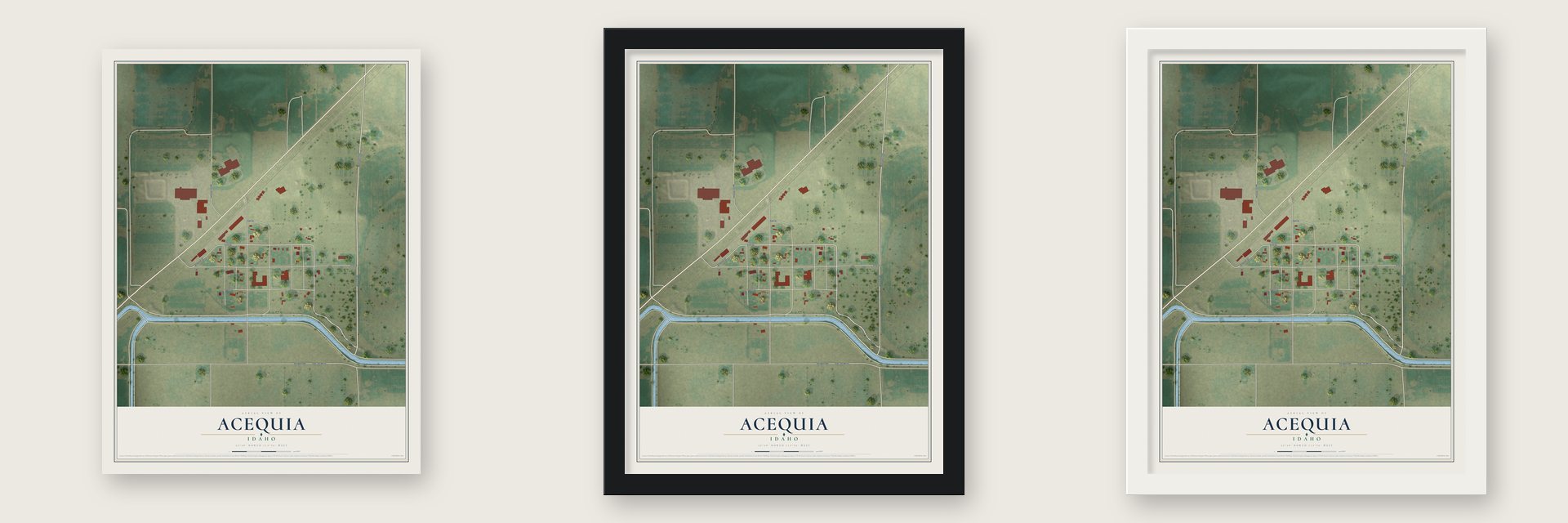 Acequia, Idaho map unframed, in a black wood frame and in a white wood frame