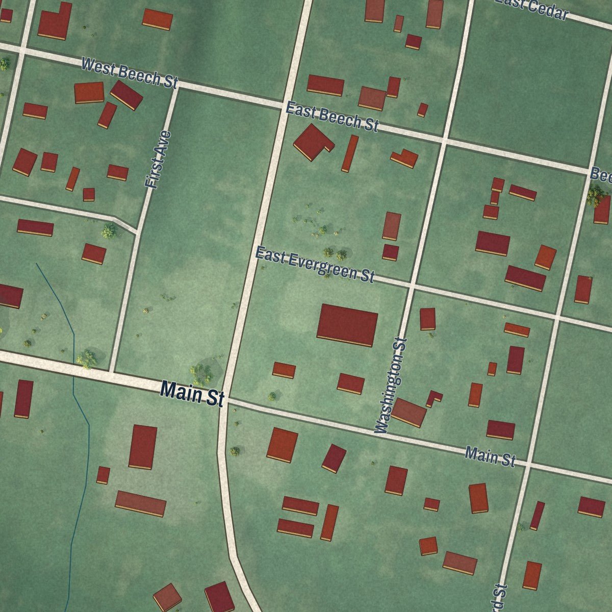 Second close-up of the map of Achille, Oklahoma print showing more streets and buildings