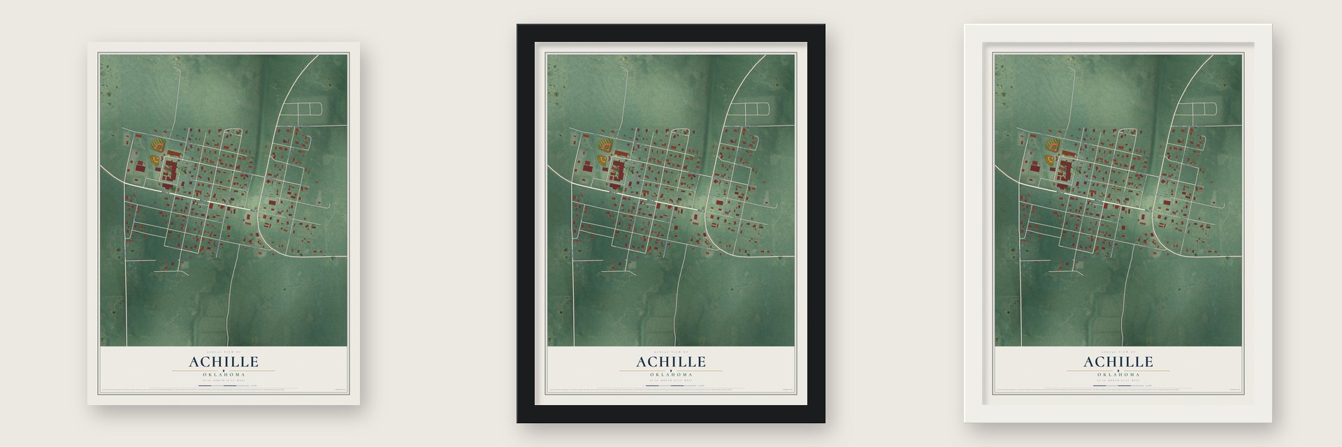 Achille, Oklahoma map unframed, in a black wood frame and in a white wood frame