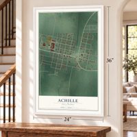 Achille, Oklahoma map, 24 x 36 inch print in a white frame by a staircase