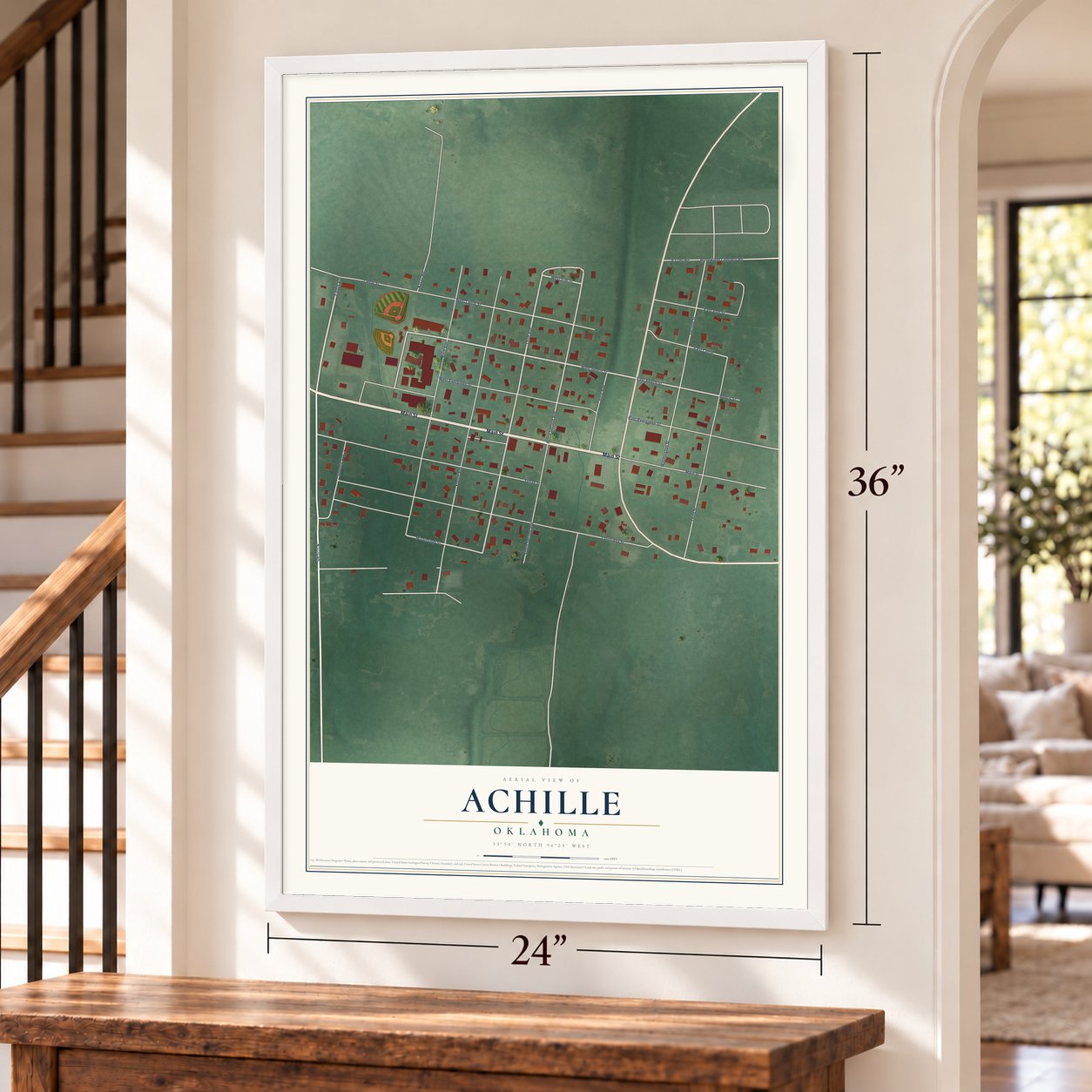 Achille, Oklahoma map, 24 x 36 inch print in a white frame by a staircase