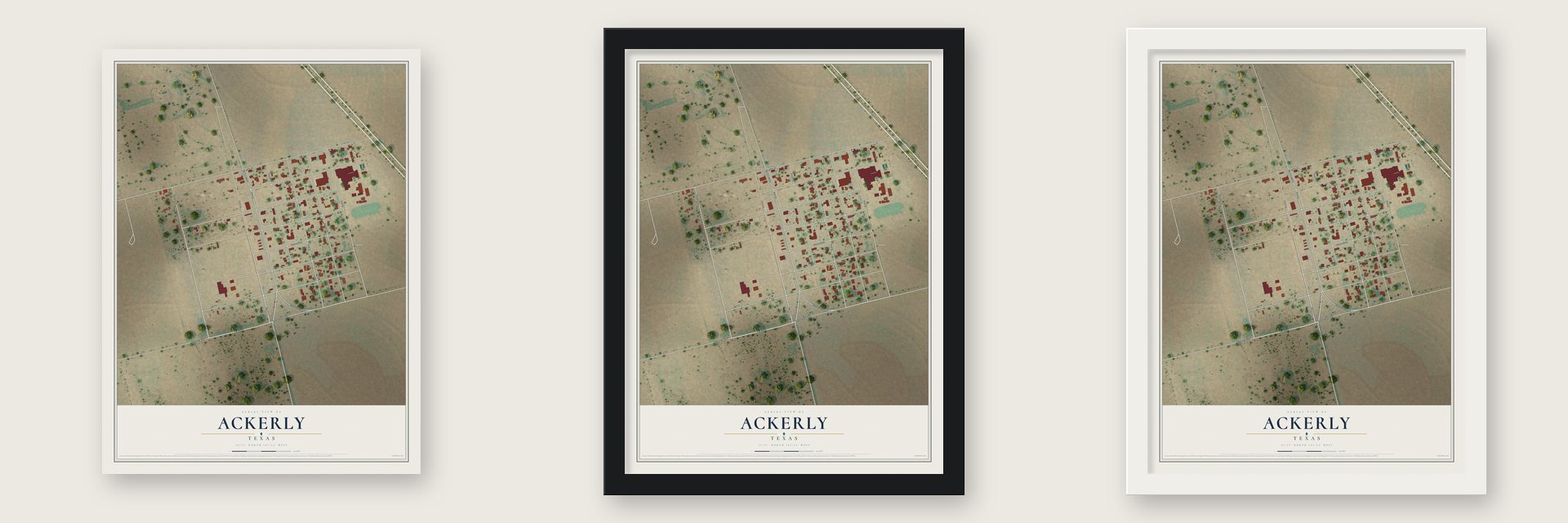 Ackerly, Texas map unframed, in a black wood frame and in a white wood frame