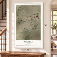 Ackerly, Texas map, 24 x 36 inch print in a white frame by a staircase