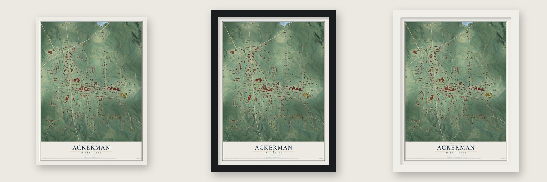 Ackerman, Mississippi map unframed, in a black wood frame and in a white wood frame