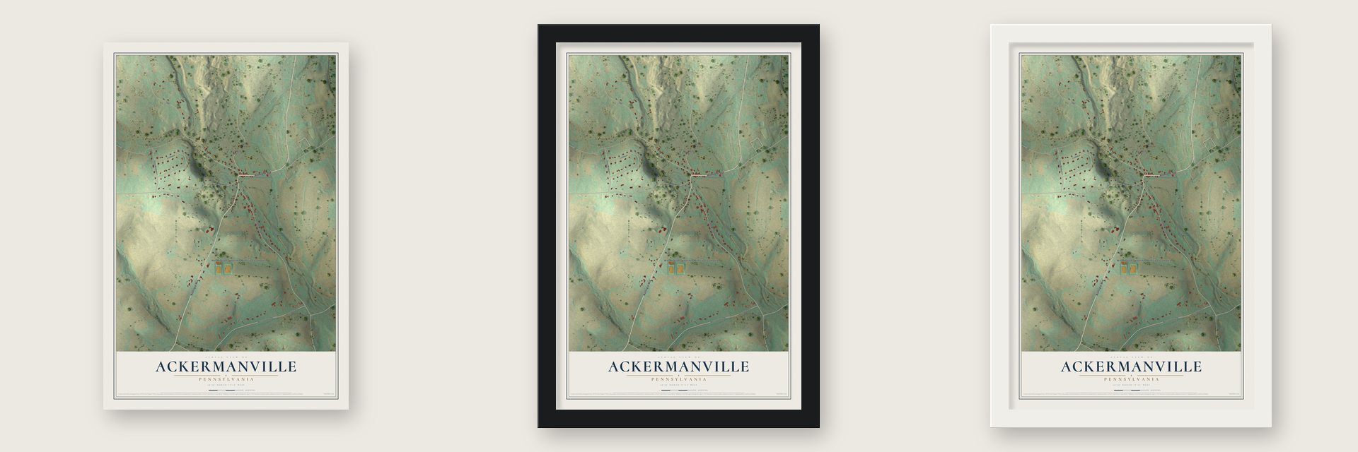 Ackermanville, Pennsylvania map unframed, in a black wood frame and in a white wood frame
