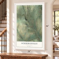 Ackermanville, Pennsylvania map, 24 x 36 inch print in a white frame by a staircase