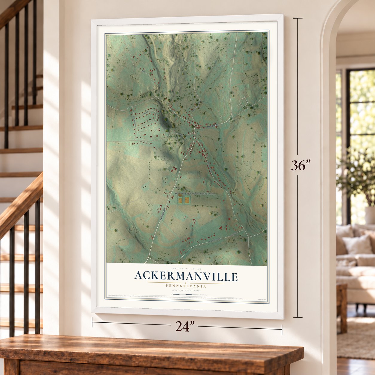 Ackermanville, Pennsylvania map, 24 x 36 inch print in a white frame by a staircase