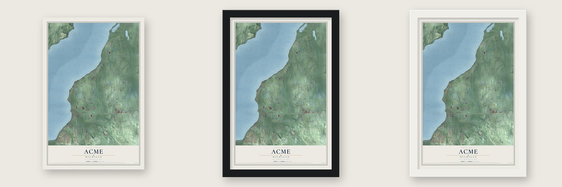 Acme, Michigan map unframed, in a black wood frame and in a white wood frame