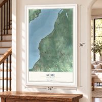 Acme, Michigan map, 24 x 36 inch print in a white frame by a staircase