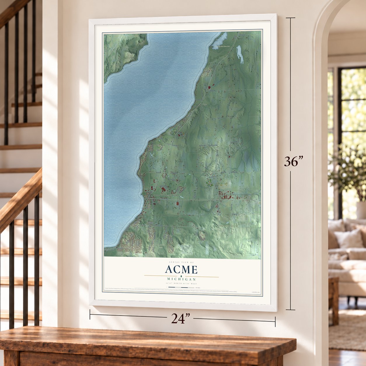 Acme, Michigan map, 24 x 36 inch print in a white frame by a staircase