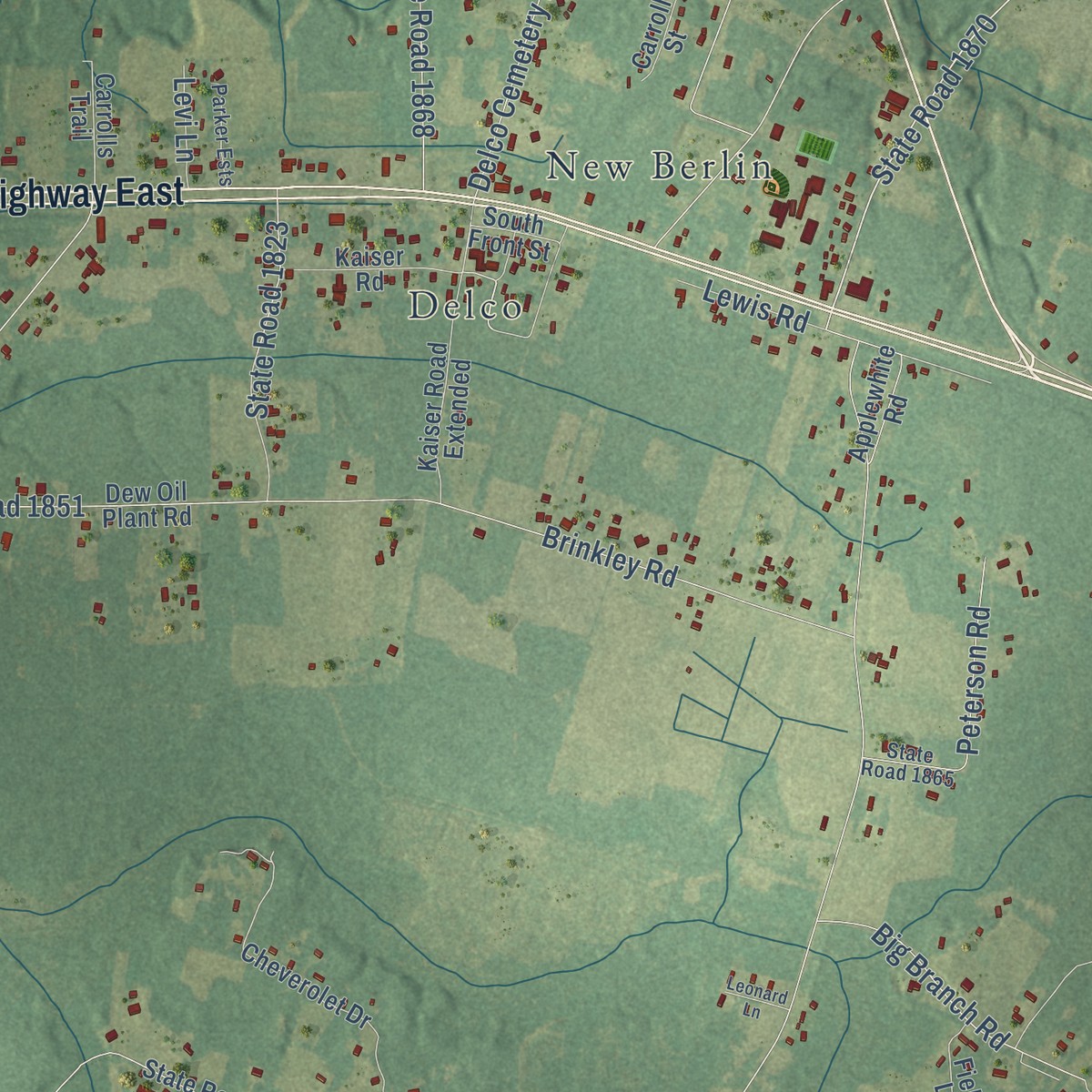 Second close-up of the map of Acme, North Carolina print showing more streets and buildings