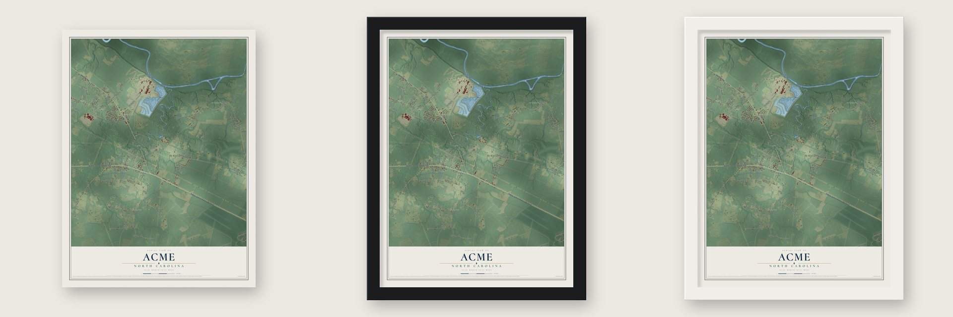 Acme, North Carolina map unframed, in a black wood frame and in a white wood frame