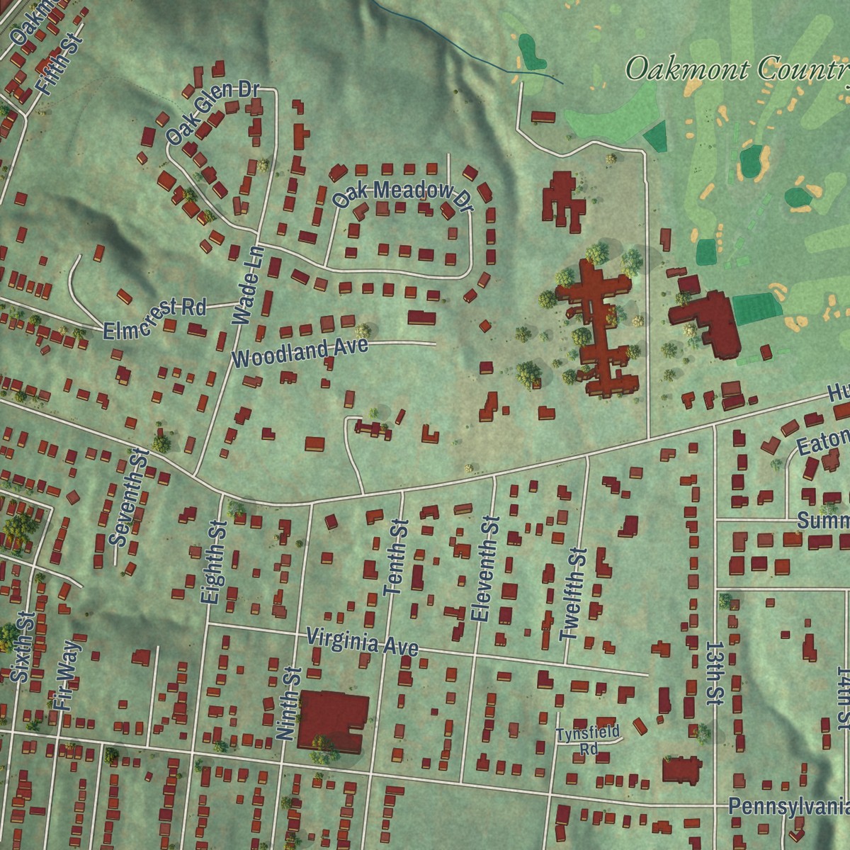 Second close-up of the map of Acmetonia, Pennsylvania print showing more streets and buildings