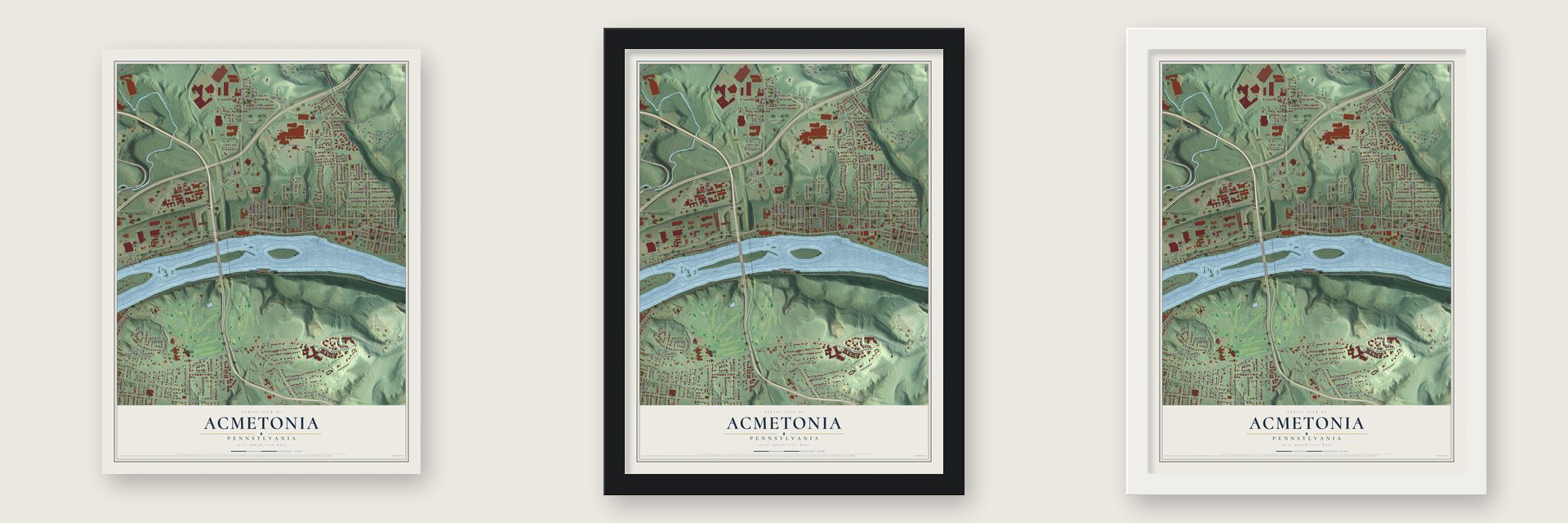 Acmetonia, Pennsylvania map unframed, in a black wood frame and in a white wood frame