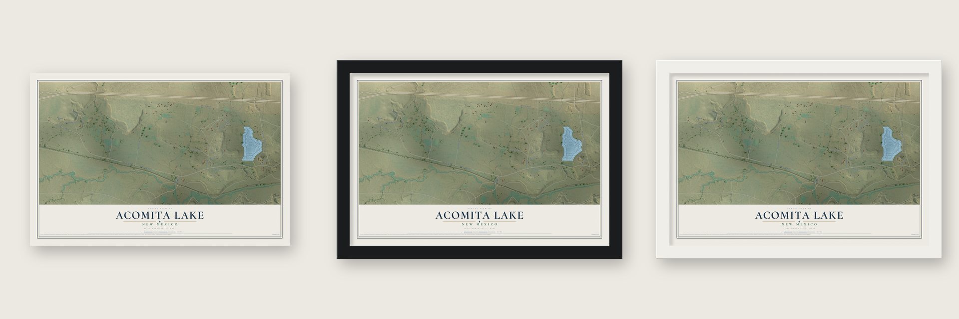 Acomita Lake, New Mexico map unframed, in a black wood frame and in a white wood frame