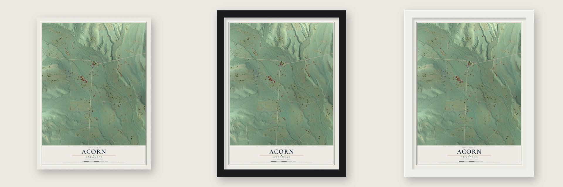 Acorn, Arkansas map unframed, in a black wood frame and in a white wood frame