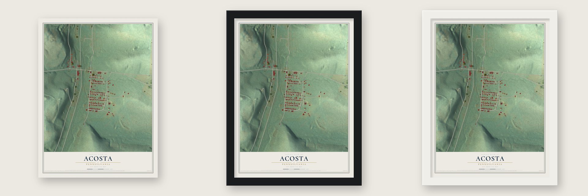 Acosta, Pennsylvania map unframed, in a black wood frame and in a white wood frame