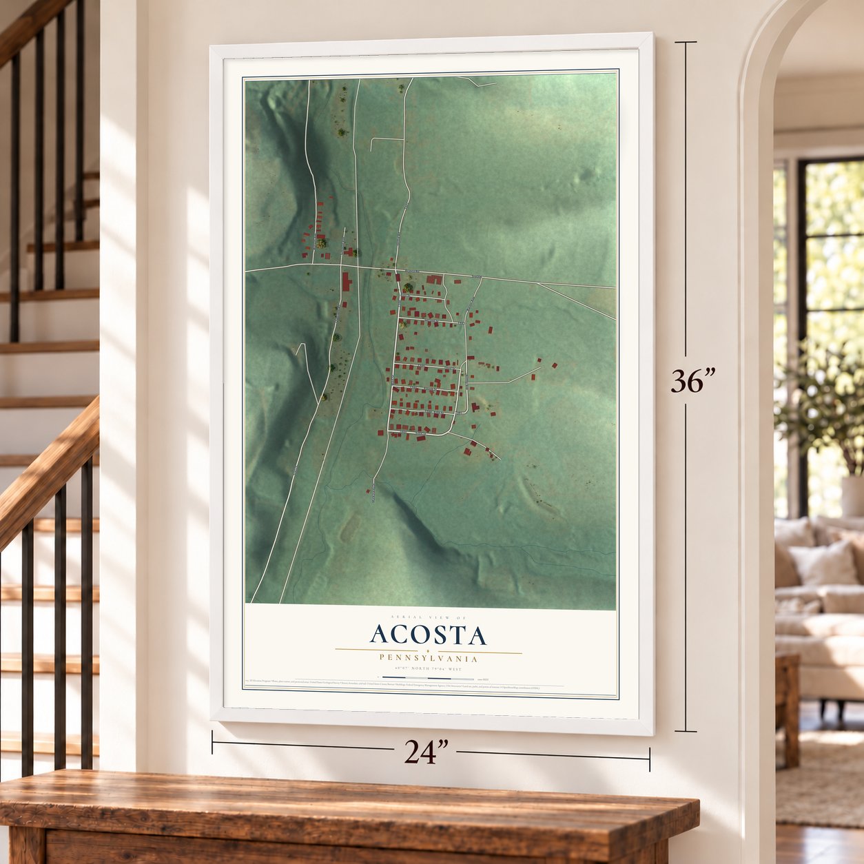 Acosta, Pennsylvania map, 24 x 36 inch print in a white frame by a staircase