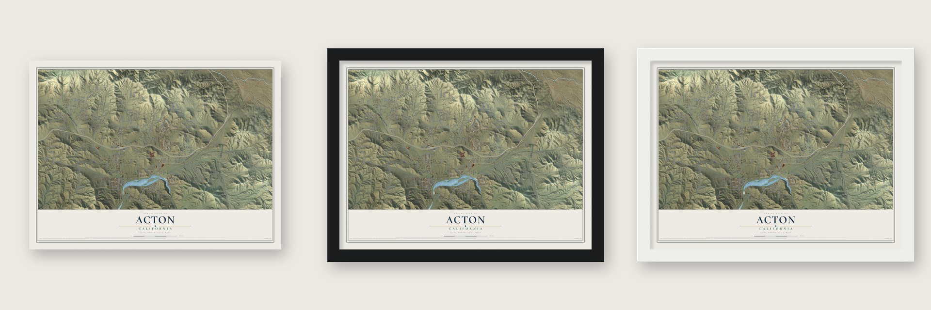 Acton, California map unframed, in a black wood frame and in a white wood frame