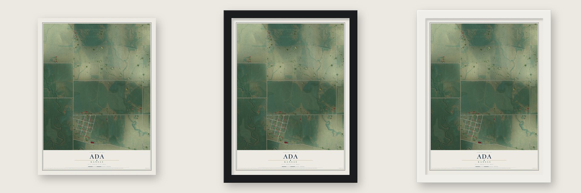 Ada, Kansas map unframed, in a black wood frame and in a white wood frame