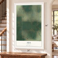 Ada, Kansas map, 24 x 36 inch print in a white frame by a staircase