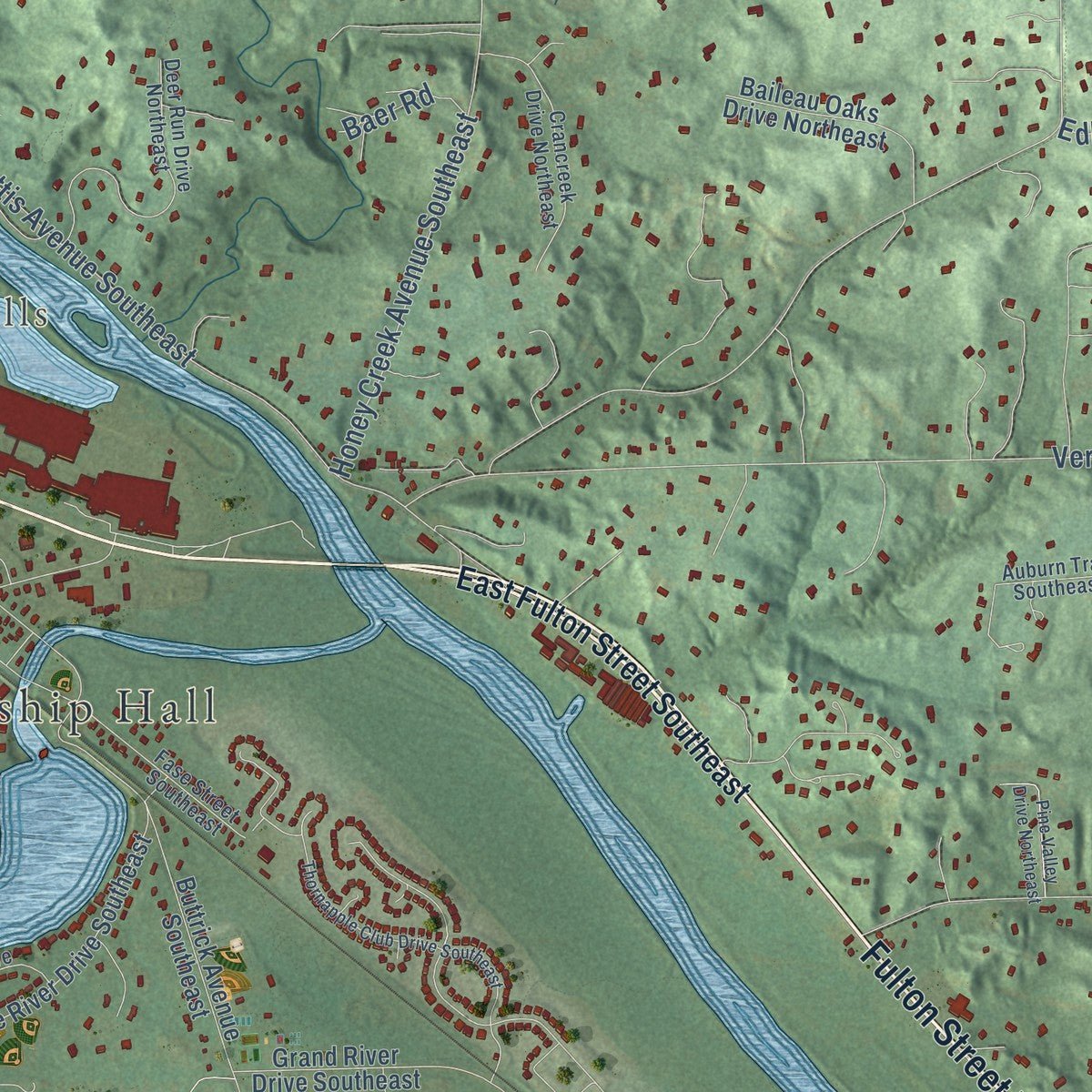 Second close-up of the map of Ada, Michigan print showing more streets and buildings