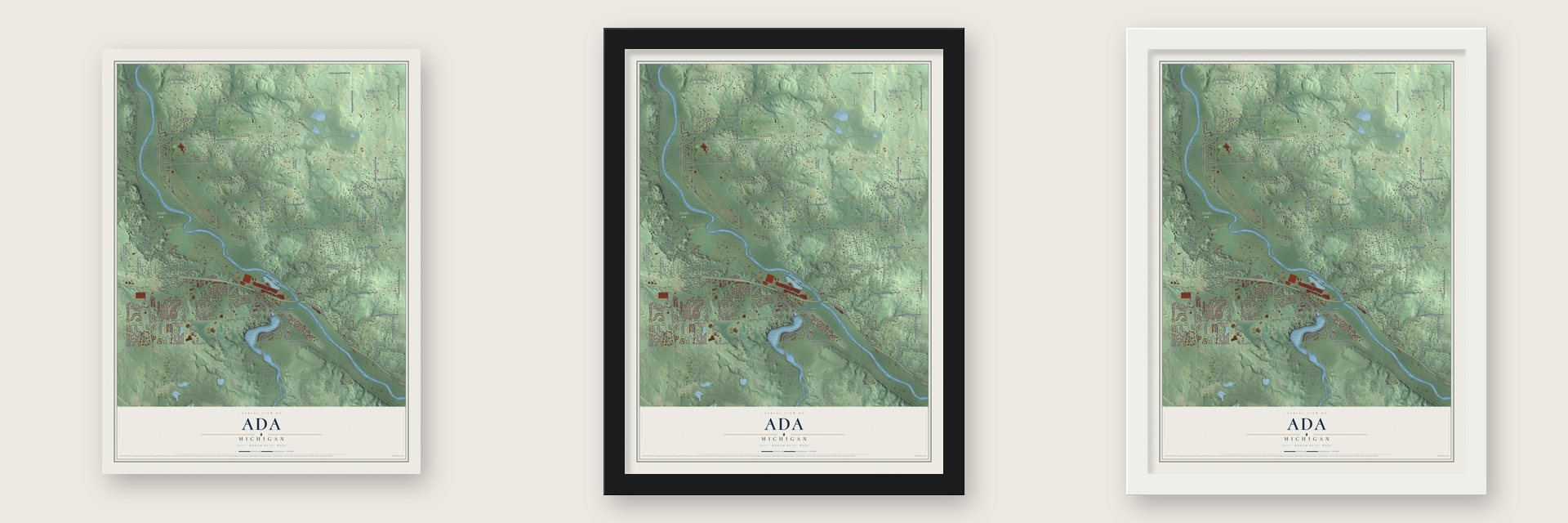 Ada, Michigan map unframed, in a black wood frame and in a white wood frame