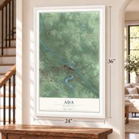 Ada, Michigan map, 24 x 36 inch print in a white frame by a staircase