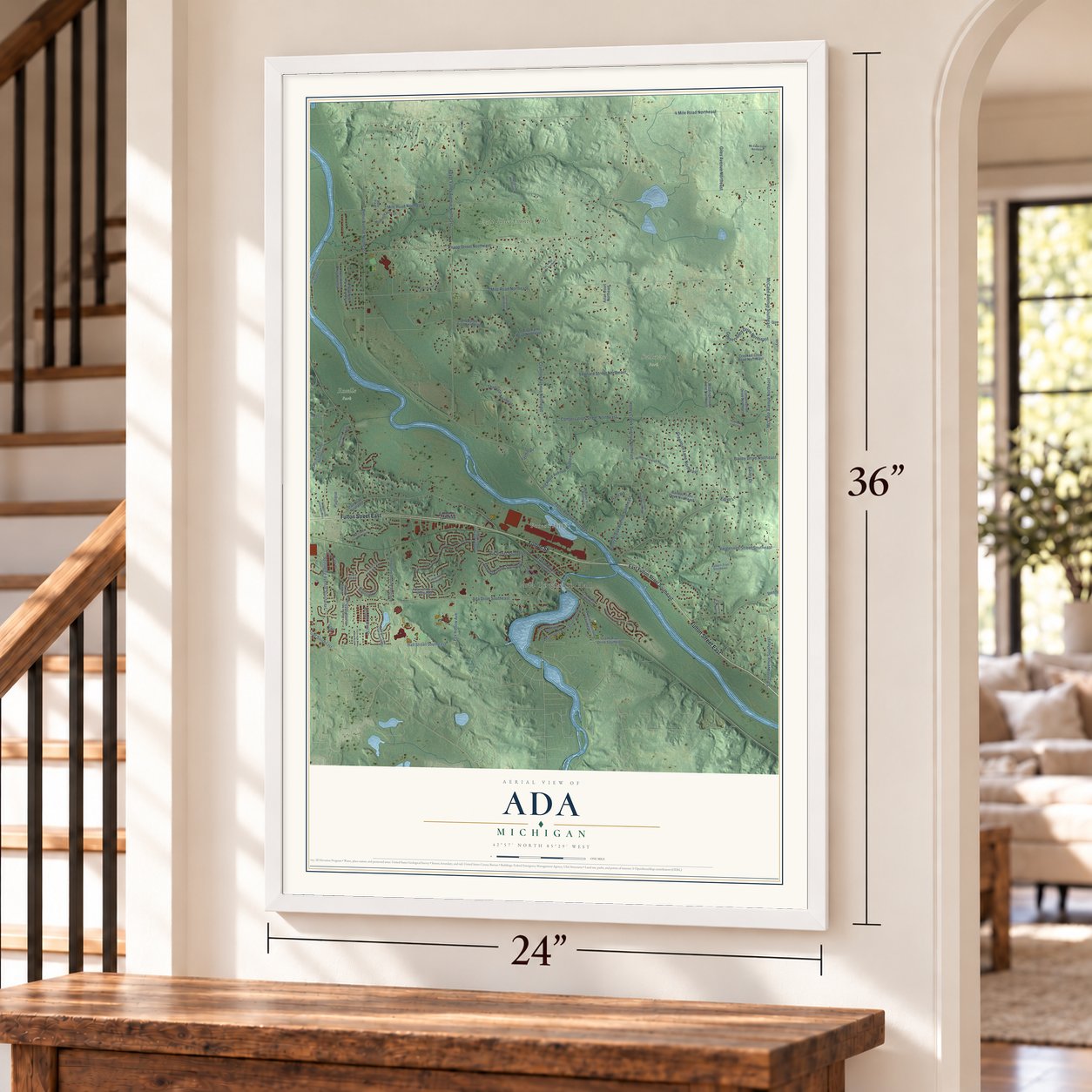 Ada, Michigan map, 24 x 36 inch print in a white frame by a staircase