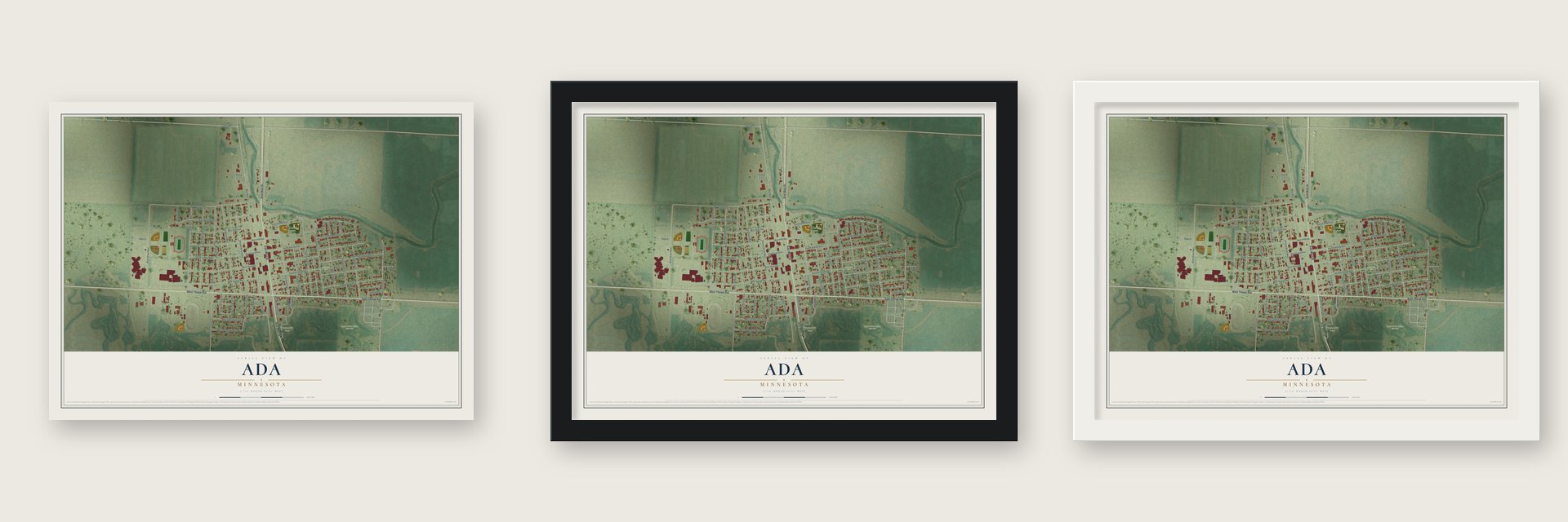 Ada, Minnesota map unframed, in a black wood frame and in a white wood frame