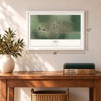 Ada, Minnesota map, 12 x 18 inch print in a white frame in an entryway