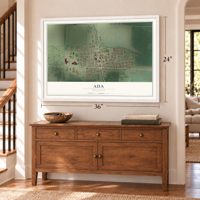 Ada, Minnesota map, 24 x 36 inch print in a white frame above a dresser by a staircase