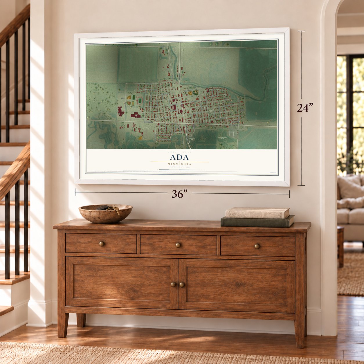 Ada, Minnesota map, 24 x 36 inch print in a white frame above a dresser by a staircase