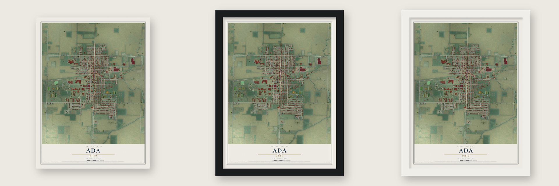 Ada, Ohio map unframed, in a black wood frame and in a white wood frame