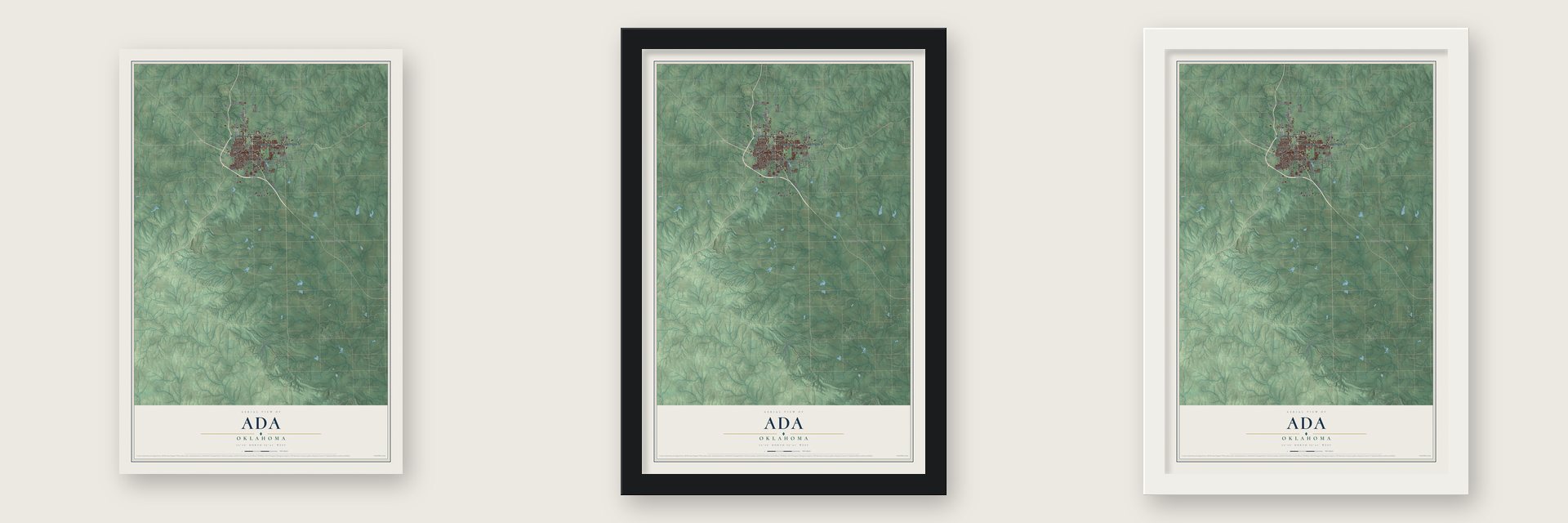 Ada, Oklahoma map unframed, in a black wood frame and in a white wood frame
