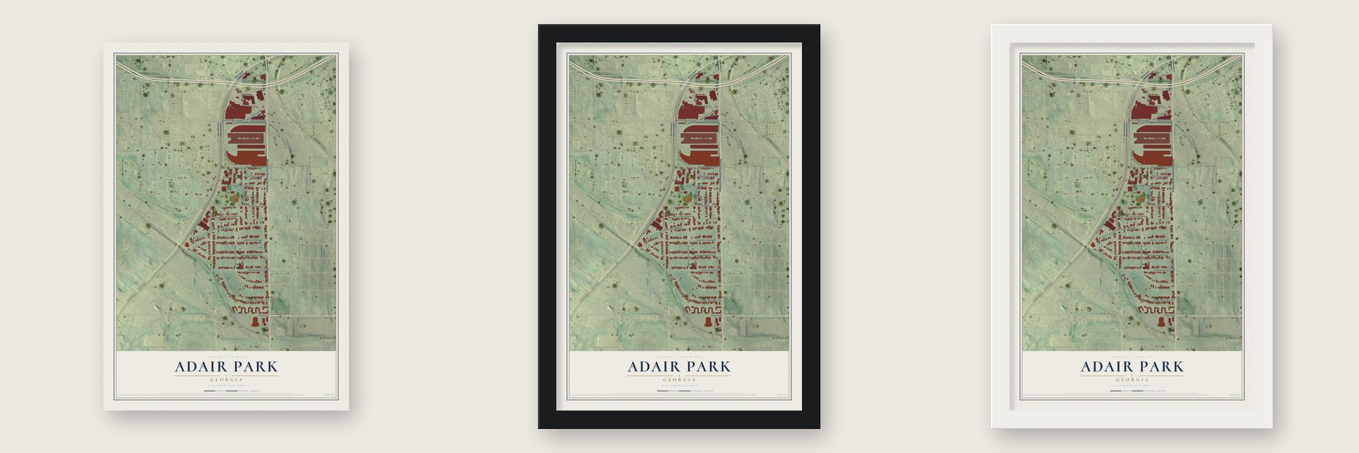 Adair Park, Georgia map unframed, in a black wood frame and in a white wood frame
