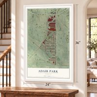 Adair Park, Georgia map, 24 x 36 inch print in a white frame by a staircase