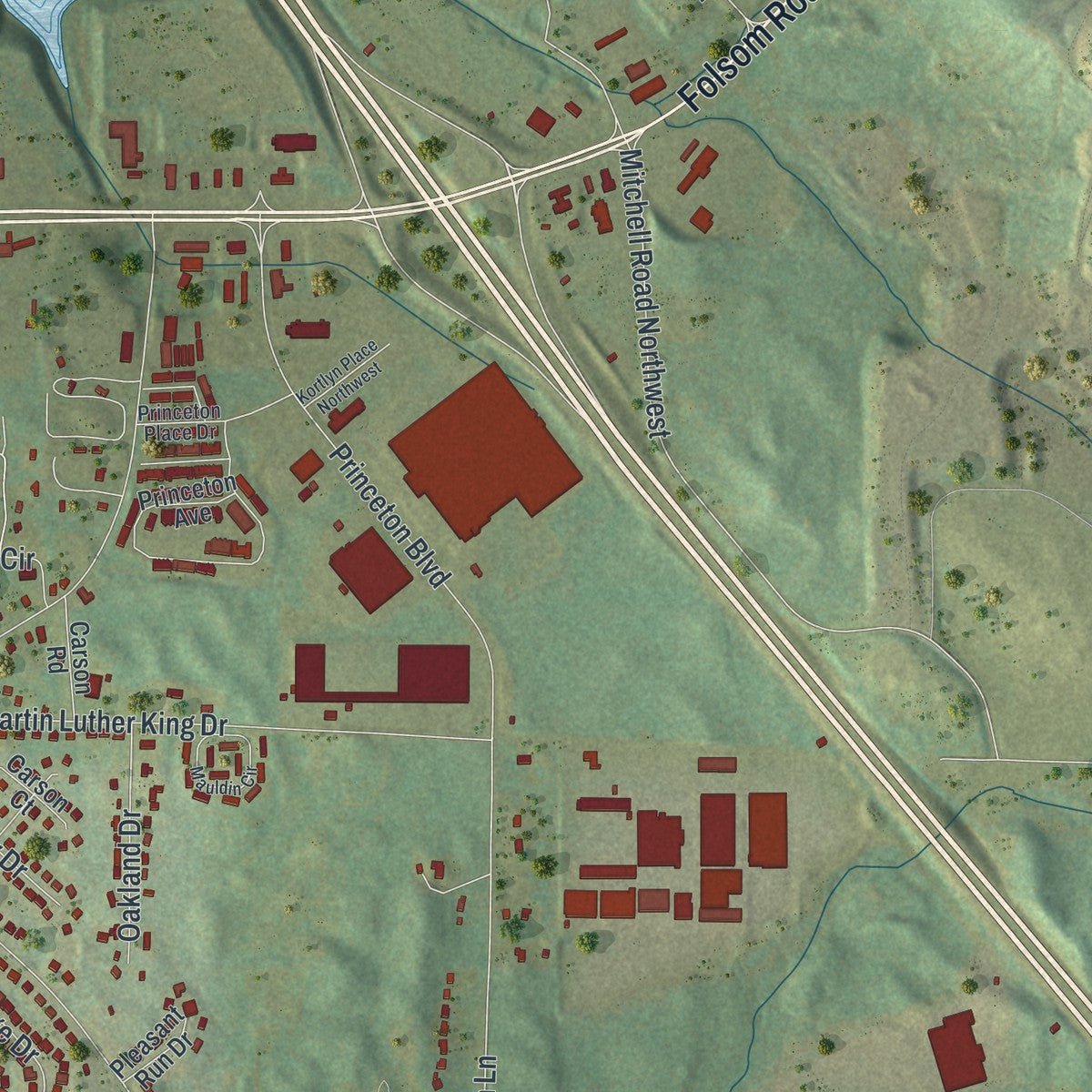 Second close-up of the map of Adairsville, Georgia print showing more streets and buildings