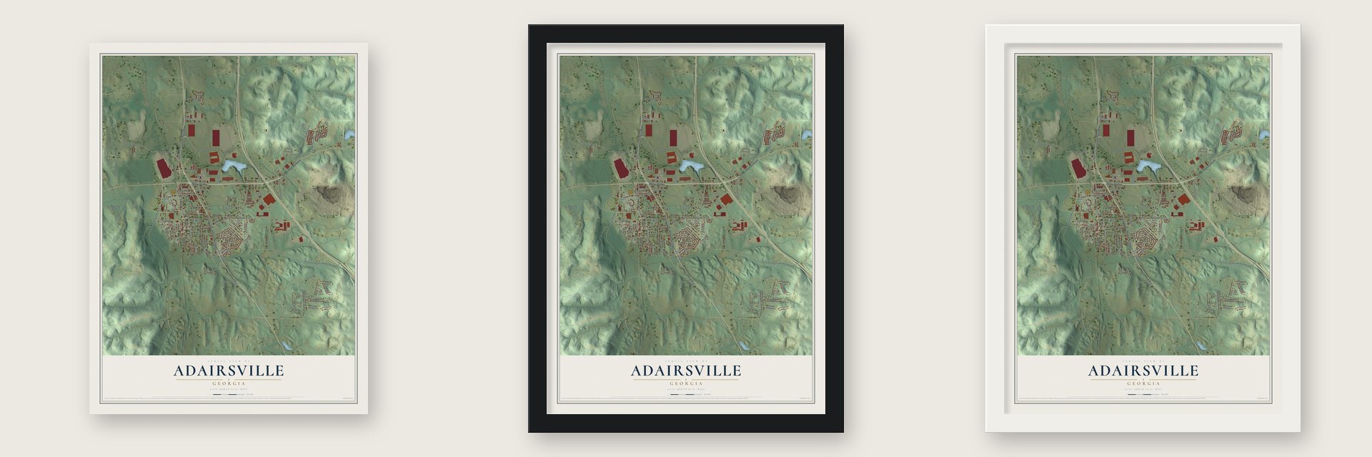Adairsville, Georgia map unframed, in a black wood frame and in a white wood frame