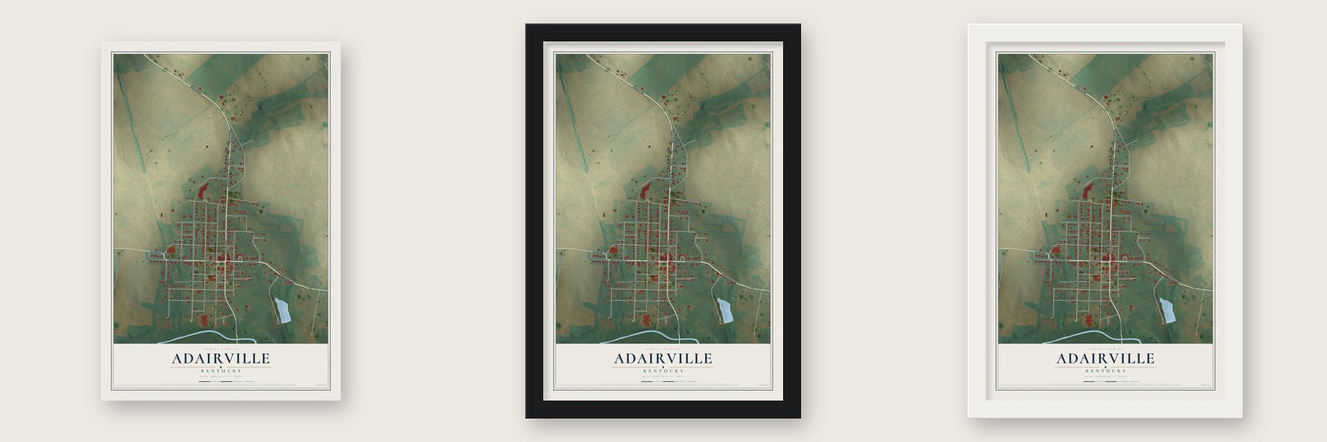 Adairville, Kentucky map unframed, in a black wood frame and in a white wood frame