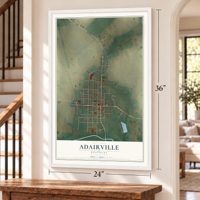 Adairville, Kentucky map, 24 x 36 inch print in a white frame by a staircase