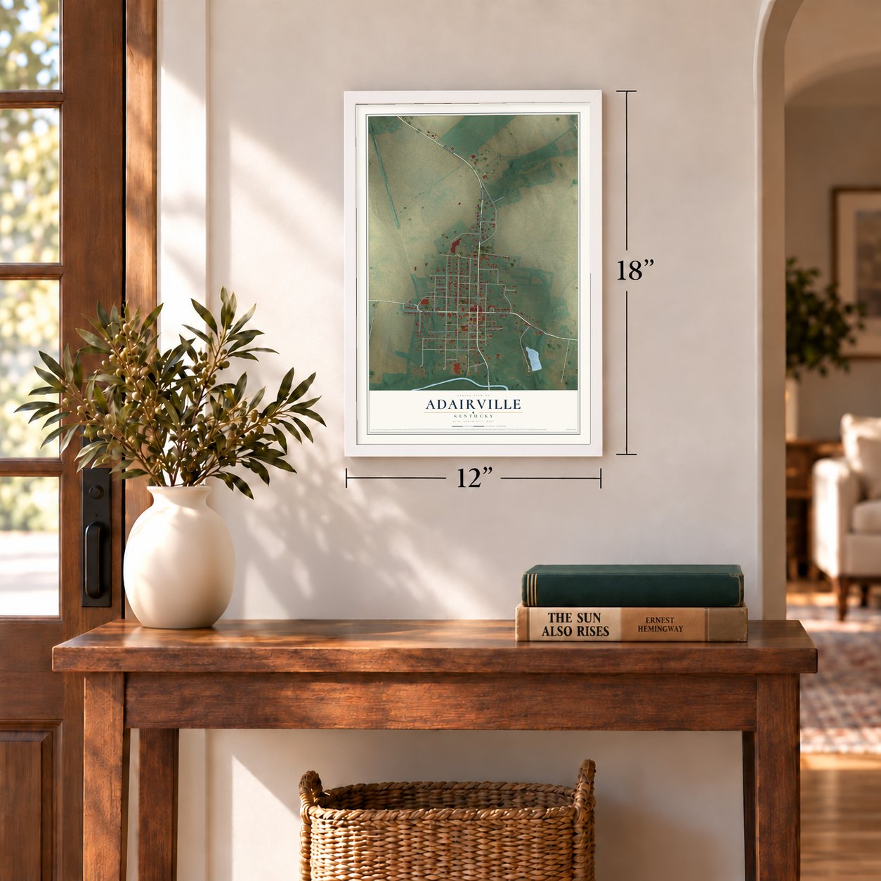 Adairville, Kentucky map, 12 x 18 inch print in a white frame in an entryway