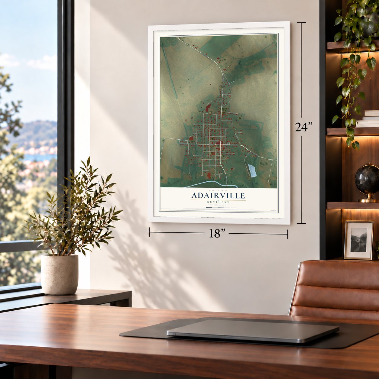 Adairville, Kentucky map, 18 x 24 inch print in a white frame in a home office