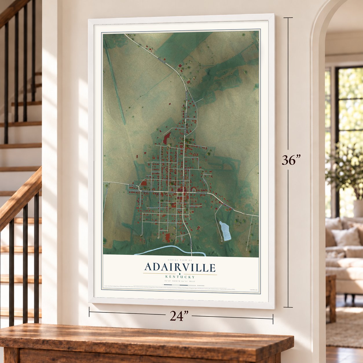 Adairville, Kentucky map, 24 x 36 inch print in a white frame by a staircase