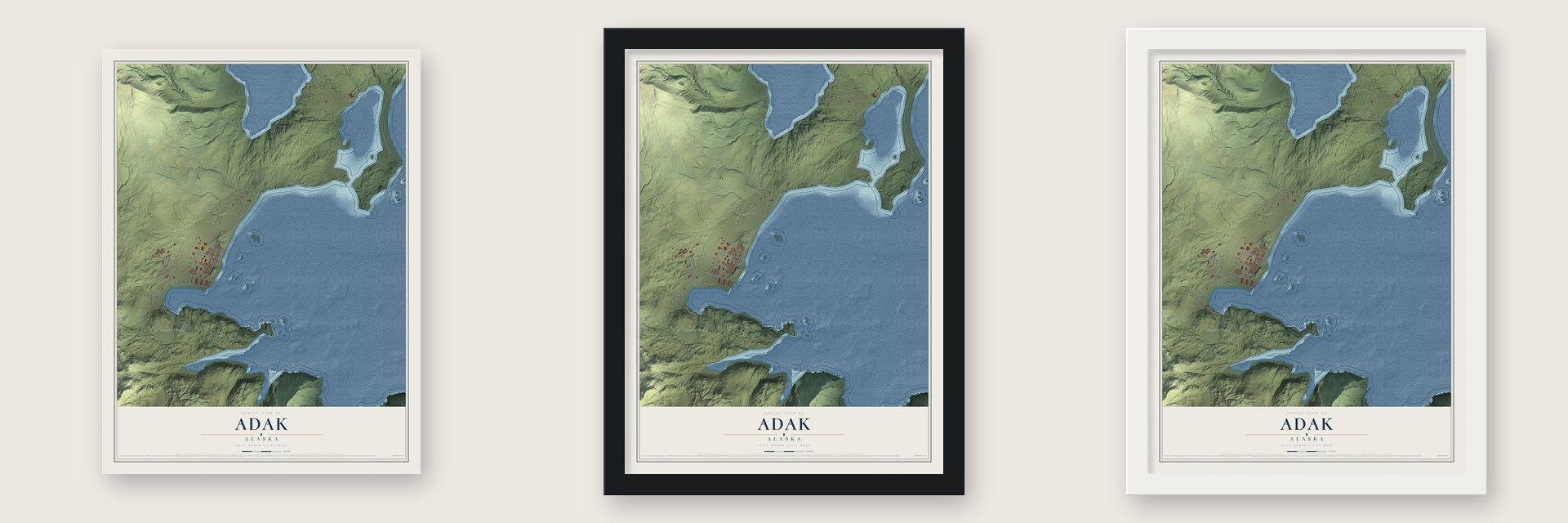 Adak, Alaska map unframed, in a black wood frame and in a white wood frame