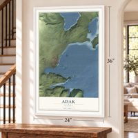 Adak, Alaska map, 24 x 36 inch print in a white frame by a staircase