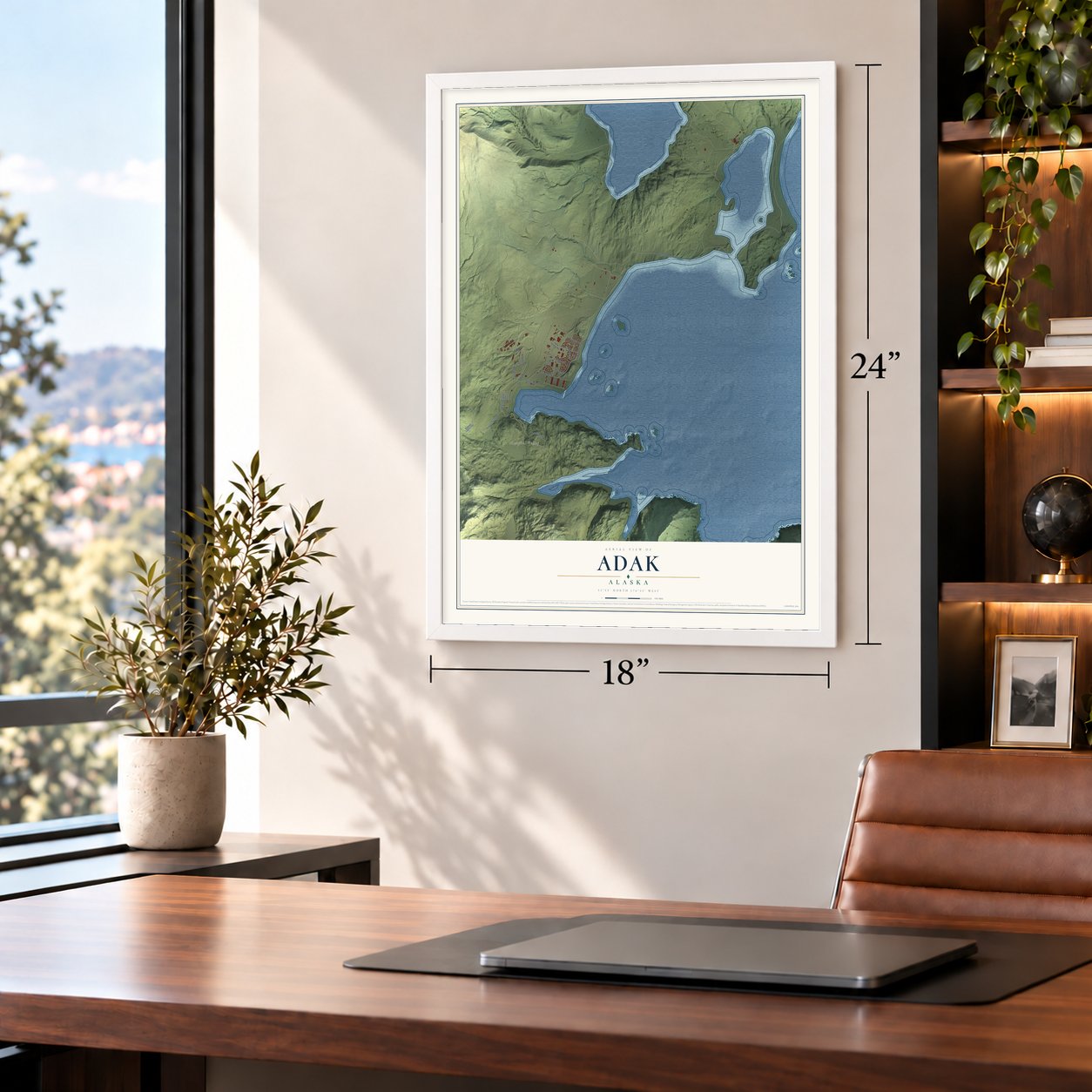 Adak, Alaska map, 18 x 24 inch print in a white frame in a home office