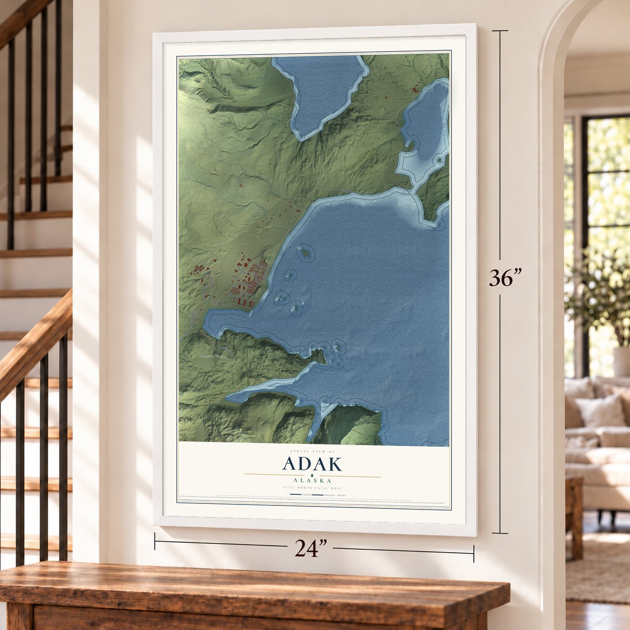 Adak, Alaska map, 24 x 36 inch print in a white frame by a staircase