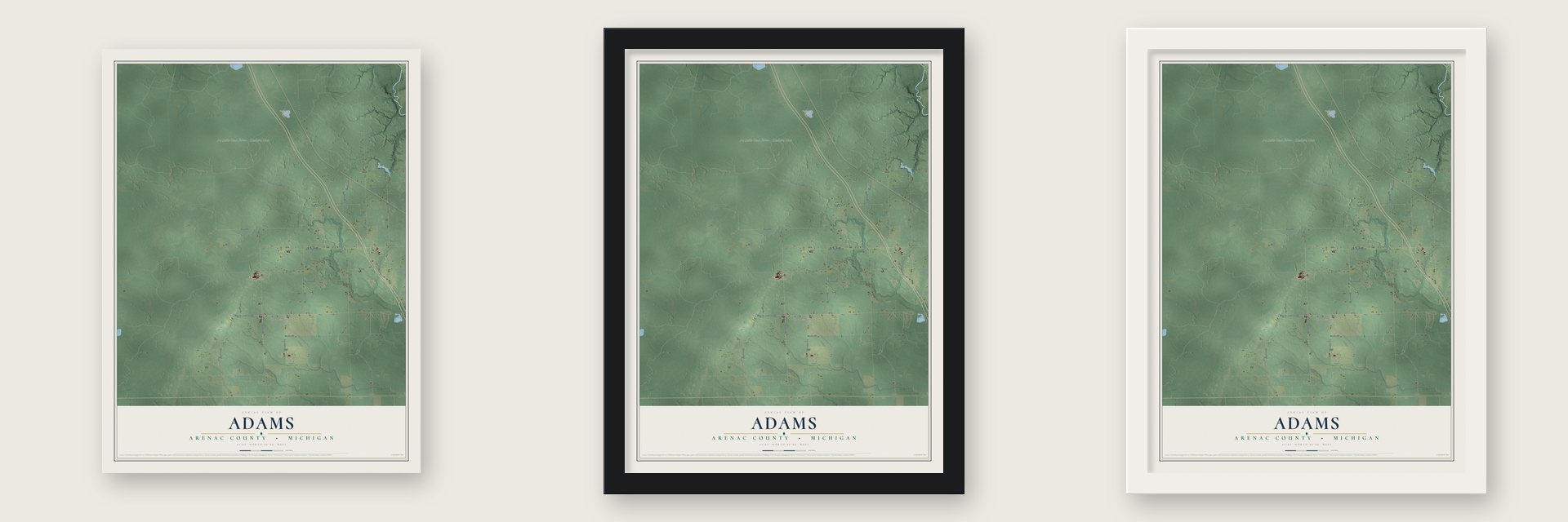 Adams, Arenac County, Michigan map unframed, in a black wood frame and in a white wood frame