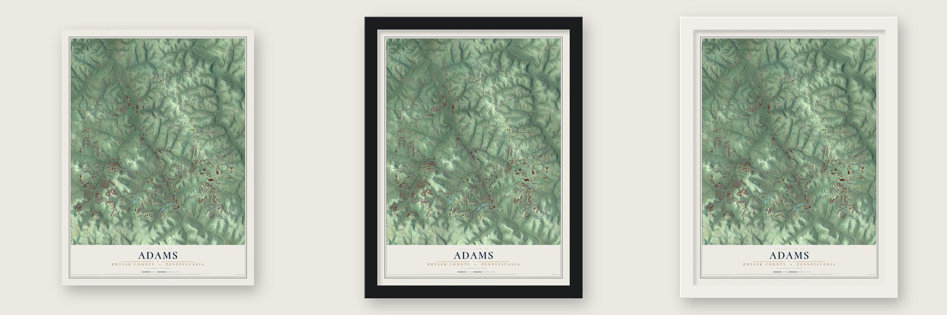 Adams, Butler County, Pennsylvania map unframed, in a black wood frame and in a white wood frame